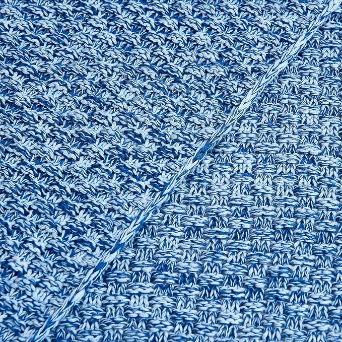Longhui bedding Blue Knitted Throw Blanket for Couch, Soft, Cozy Machine Washable 100% Cotton Sofa Knit Blankets, Heavy 2.8lb Weight, 51 x 63 Inches, Blue and White Color, Laundry Bag Included