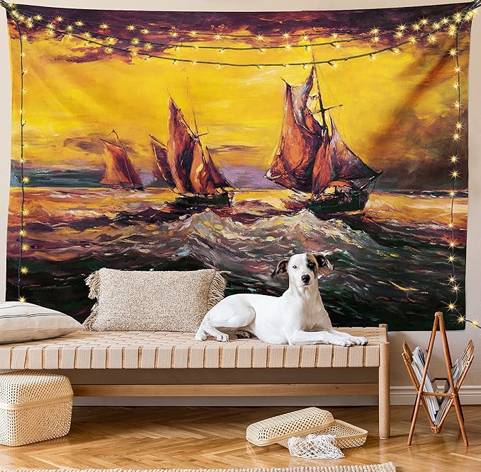 Ambesonne Country Tapestry, Image of Old Sailboats Ships Cruising in Waves at Sunrise Time Dark Sky Art, Fabric Wall Hanging Decor for Bedroom Living Room Dorm, 23" X 28", Yellow Orange
