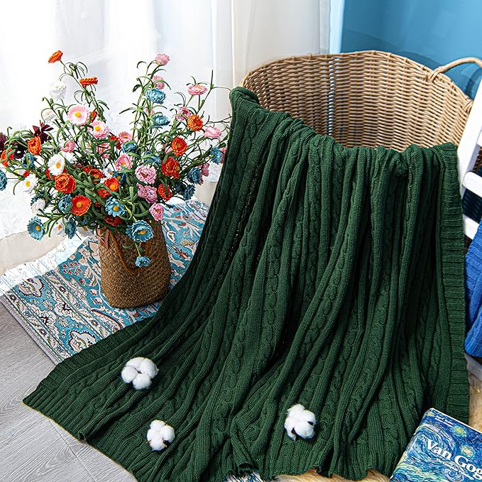 NTBAY 100% Pure Cotton Cable Knit Throw Blanket, Super Soft Warm 51x67 Knitted Throw Blanket for Couch, Sofa, Chair, Bed - Extra Cozy, Machine Washable, Comfortable Home Decor, Dark Green