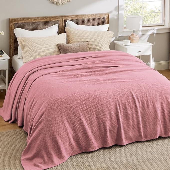 Bedsure 100% Cotton Blanket Queen Size for Bed - Breathable and Lightweight, Soft Cozy Textured Herringbone Woven Blanket for Summer Spring, Pink, 90x90 inches
