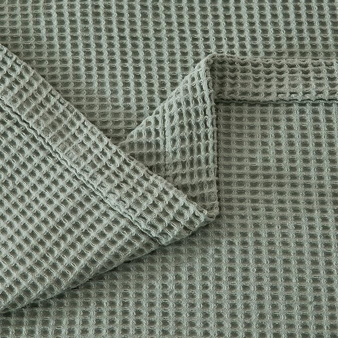 100% Cotton Blanket for Full Queen Size Bed - Green Waffle Weave Lightweight Summer Bed Blanket - 90x90in Prewashed Breathable, Woven, Layering Blanket (Full/Queen, Eucalyptus)