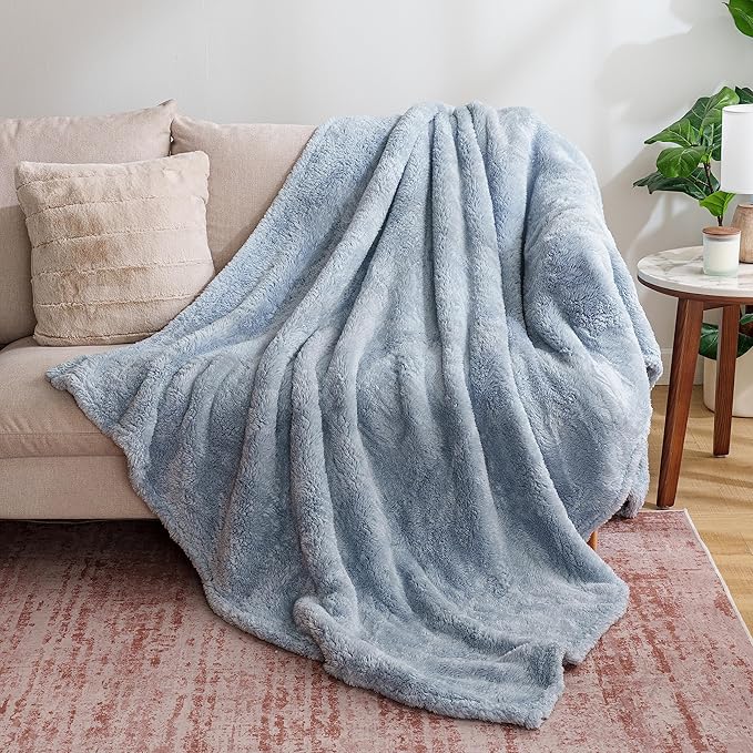 Berkshire Blanket Classic Extra-Fluffy™ Plush Throw Blanket, Soft Fuzzy Fluffy Long Hair Throw Blanket for Couch Sofa Bed, Blue Mist, 50x60 Inches