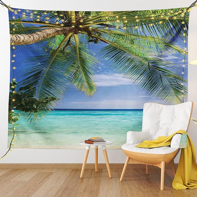 Ambesonne Ocean Tapestry, Tropical Paradise View at Maldives Palms Clear Sky Seashore Picture Print, Wall Hanging for Bedroom Living Room Dorm Decor, 40" X 60", Green Aqua Blue