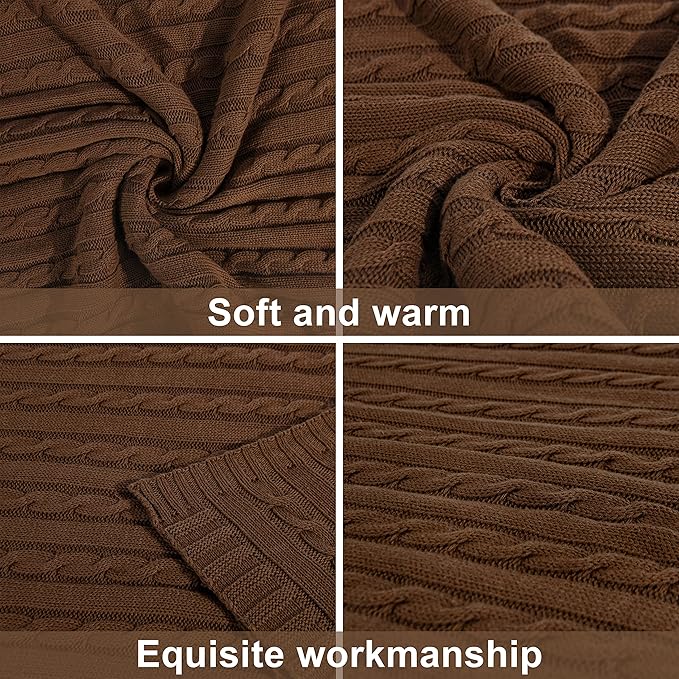 NTBAY 100% Pure Cotton Cable Knit Throw Blanket, Super Soft Warm 51x67 Knitted Throw Blanket for Couch, Sofa, Chair, Bed - Extra Cozy, Machine Washable, Comfortable Home Decor, Brown