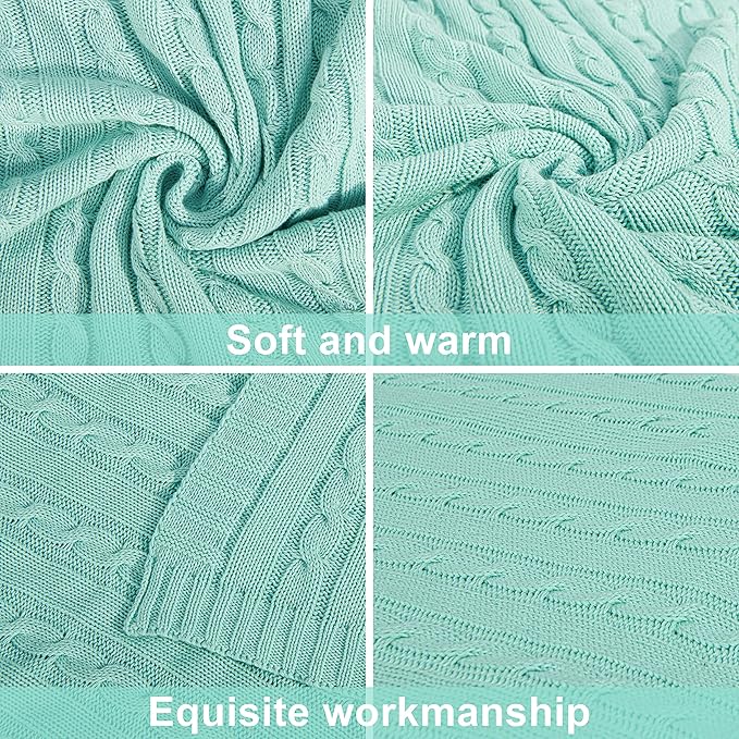 NTBAY 100% Pure Cotton Cable Knit Throw Blanket, Super Soft Warm 51x67 Knitted Throw Blanket for Couch, Sofa, Chair, Bed - Extra Cozy, Machine Washable, Comfortable Home Decor, Mint