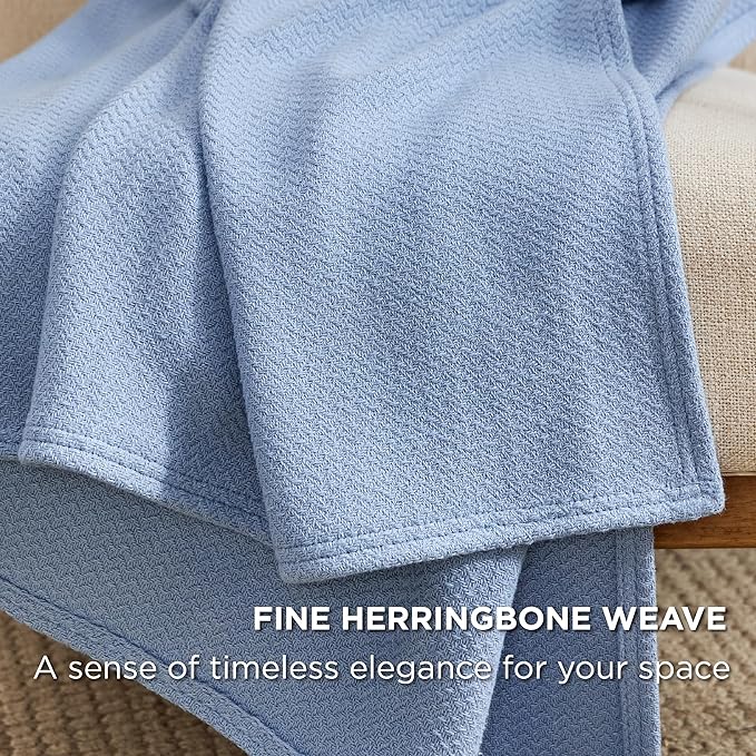 Bedsure 100% Cotton Large Throw Blanket for Couch 50x70 inches - Breathable and Lightweight, Soft Cozy Herringbone Woven Blanket for Summer Spring, Ashley Blue