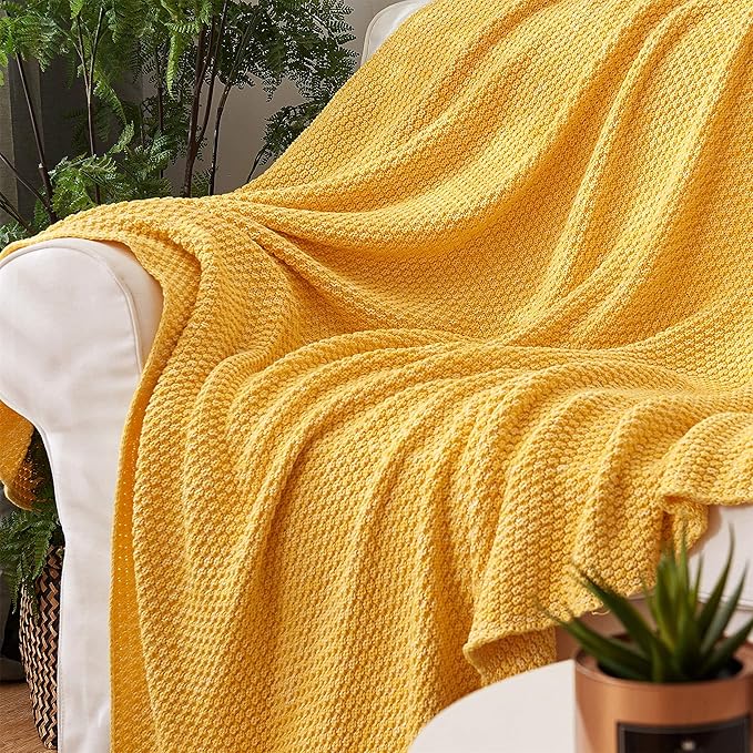Longhui bedding Yellow Knitted Throw Blanket for Couch Sofa Bed, Soft, Cozy Machine Washable 100% Cotton Sofa Cable Knit Blankets, Large 60 x 80 Inches Oversized, Bright Yellow and White Color