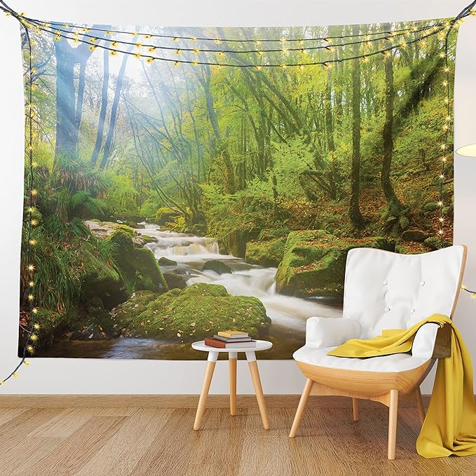 Ambesonne Woodland Tapestry Queen Size, Forest Scene at Golitha Falls Nature Reserve on the River Fowey Cornwall England, Wall Hanging Bedspread Bed Cover Wall Decor, 88" X 88", Green Brown
