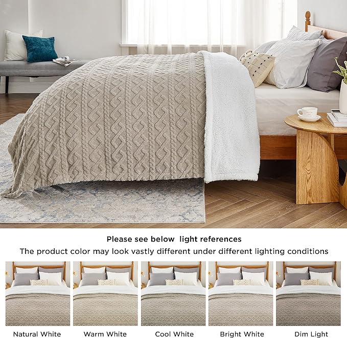 Bedsure Sherpa Queen Size Blanket for Bed - Fleece Soft Cozy Fuzzy Cable Blankets for Women, Thick Warm for Winter and All Seasons, Beige, 90x90 Inches