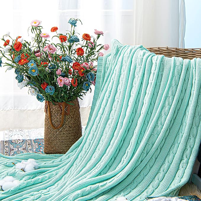 NTBAY 100% Pure Cotton Cable Knit Throw Blanket, Super Soft Warm 51x67 Knitted Throw Blanket for Couch, Sofa, Chair, Bed - Extra Cozy, Machine Washable, Comfortable Home Decor, Mint