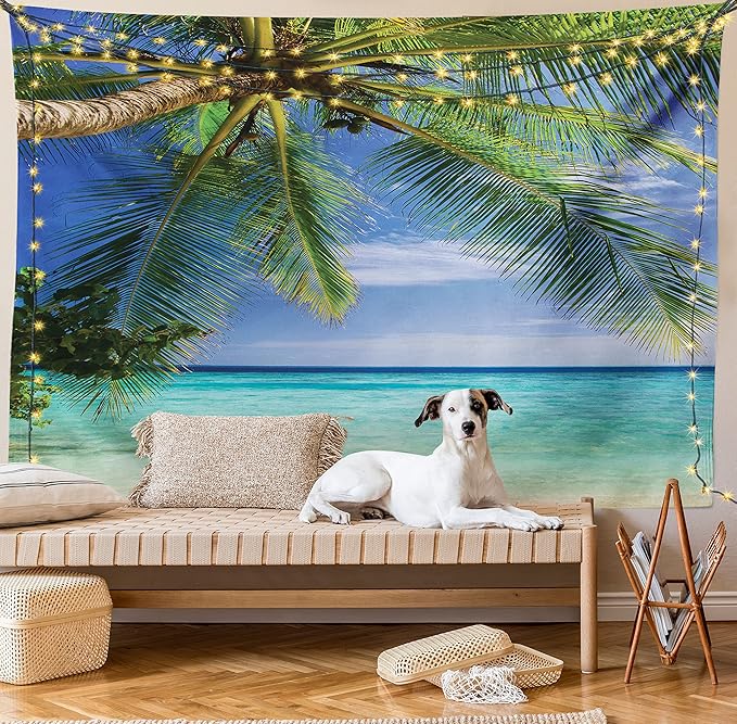 Ambesonne Ocean Tapestry Twin Size, Tropical Paradise View at Maldives Palms Clear Sky Seashore Picture Print, Wall Hanging Bedspread Bed Cover Wall Decor, 68" X 88", Green Aqua Blue