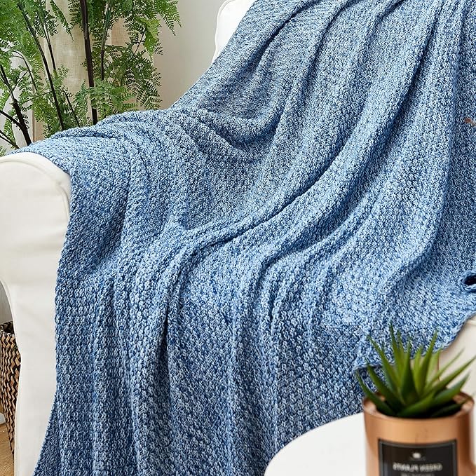 Longhui bedding Blue Knitted Throw Blanket for Couch, Soft, Cozy Machine Washable 100% Cotton Sofa Knit Blankets, Heavy 2.8lb Weight, 51 x 63 Inches, Blue and White Color, Laundry Bag Included