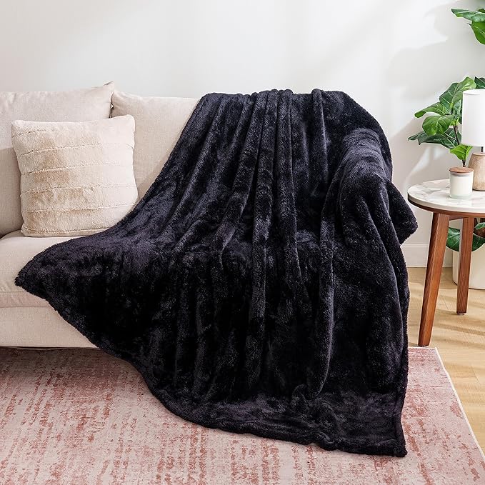 Berkshire Blanket Classic Extra-Fluffy™ Plush Throw Blanket, Soft Fuzzy Fluffy Long Hair Throw Blanket for Couch Sofa Bed, Black, 50x60 Inches