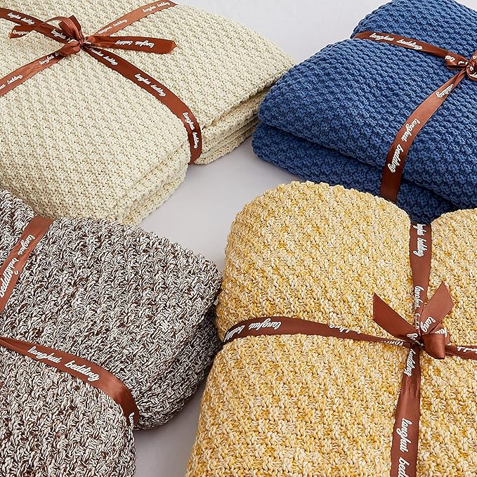Longhui bedding Gold Knitted Throw Blanket for Couch, Soft, Cozy Machine Washable 100% Cotton Sofa Blanket, 60”x80”, Mustard Yellow and White, Laundry Bag Included