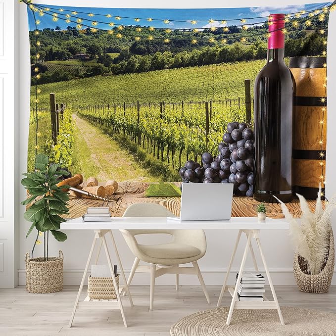 Ambesonne Winery Tapestry King Size, Red Wine Bottles with Grapes on Timber Board Tuscany Italian Terrace Scenery, Wall Hanging Bedspread Bed Cover Wall Decor, 104" X 88", Green Blue Brown