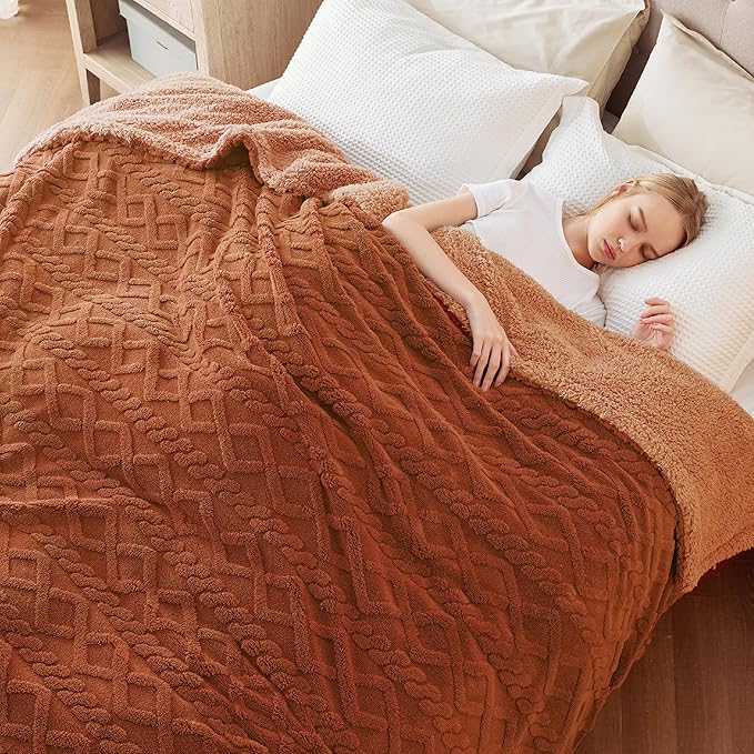 Bedsure Sherpa Fleece Blanket Twin Size for Bed - Fuzzy Soft Cozy Cable Throw for Couch, Thick Warm Blankets for Winter, Orange, 60x80 Inches