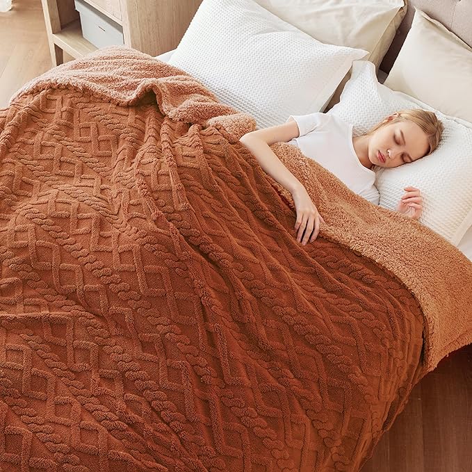 Bedsure Sherpa Queen Size Blanket for Bed - Fleece Soft Cozy Fuzzy Cable Blankets for Women, Thick Warm for Winter and All Seasons, Orange, 90x90 Inches