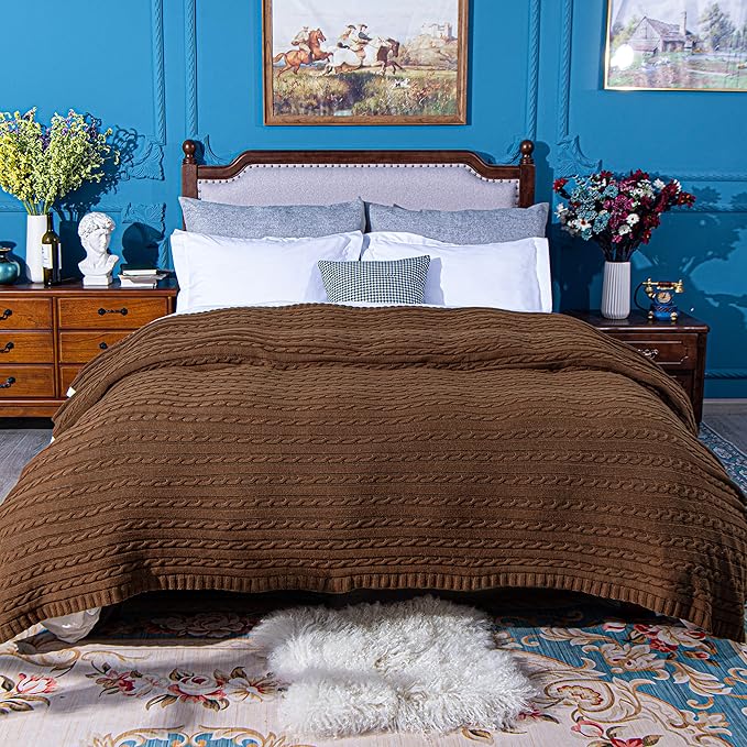 NTBAY 100% Pure Cotton Cable Knit Throw Blanket, Super Soft Warm 51x67 Knitted Throw Blanket for Couch, Sofa, Chair, Bed - Extra Cozy, Machine Washable, Comfortable Home Decor, Brown