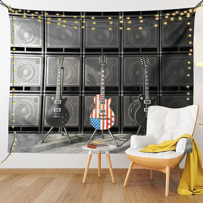 Ambesonne American Flag Tapestry, Black and Us Bass Guitar Electronic Rock Music Theme Digital Graphic Work, Wall Hanging for Bedroom Living Room Dorm Decor, 40" X 60", Charcoal Red