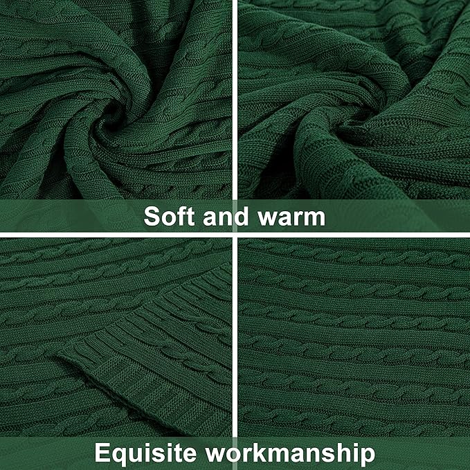 NTBAY 100% Pure Cotton Cable Knit Throw Blanket, Super Soft Warm 51x67 Knitted Throw Blanket for Couch, Sofa, Chair, Bed - Extra Cozy, Machine Washable, Comfortable Home Decor, Dark Green