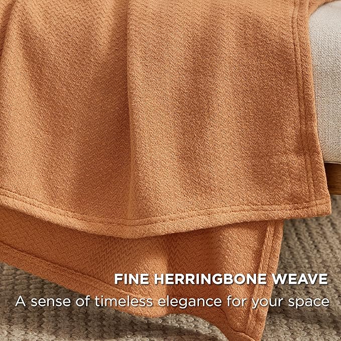 Bedsure 100% Cotton Blanket King Size for Bed - Breathable and Lightweight, Soft Cozy Textured Herringbone Woven Blanket for Summer Spring, Burnt Orange, 108x90 inches