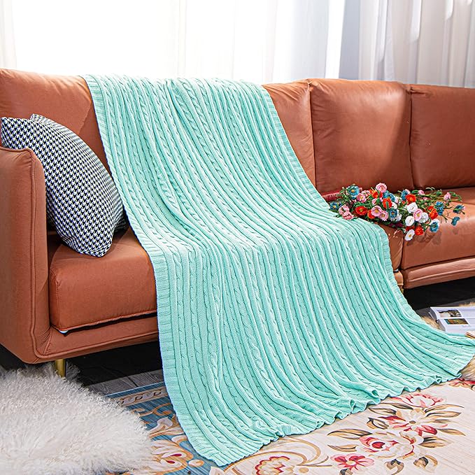 NTBAY 100% Pure Cotton Cable Knit Throw Blanket, Super Soft Warm 51x67 Knitted Throw Blanket for Couch, Sofa, Chair, Bed - Extra Cozy, Machine Washable, Comfortable Home Decor, Mint