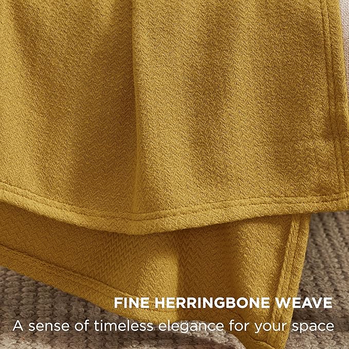 Bedsure 100% Cotton Blanket Queen Size for Bed - Breathable and Lightweight, Soft Cozy Textured Herringbone Woven Blanket for Summer Spring, Yellow, 90x90 inches