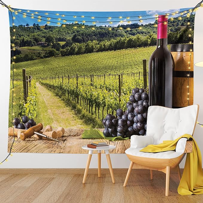 Ambesonne Winery Tapestry Twin Size, Red Wine Bottles with Grapes on Timber Board Tuscany Italian Terrace Scenery, Wall Hanging Bedspread Bed Cover Wall Decor, 68" X 88", Green Blue Brown