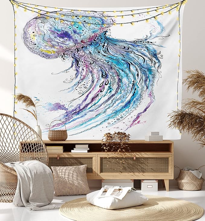 Ambesonne Jellyfish Tapestry, Aqua Colors Art Ocean Animal Print Sketch Style Creative Sea Marine Theme, Wide Wall Hanging for Bedroom Living Room Dorm, 80" X 60", Blue Purple White