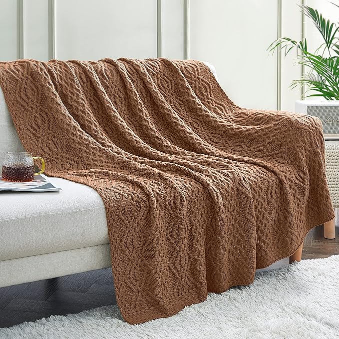Aormenzy Brown Cable Knit Throw Blanket, Soft & Warm Knitted Blanket Throw for Couch Bed Sofa Living Room, 50 x 60 inch