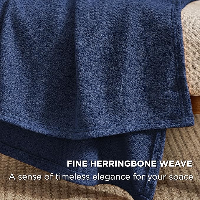 Bedsure 100% Cotton Blanket King Size for Bed - Breathable and Lightweight, Soft Cozy Textured Herringbone Woven Blanket for Summer Spring, Navy Blue, 108x90 inches