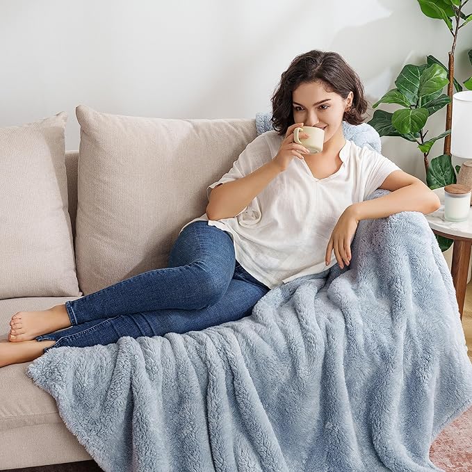 Berkshire Blanket Classic Extra-Fluffy™ Plush Throw Blanket, Soft Fuzzy Fluffy Long Hair Throw Blanket for Couch Sofa Bed, Blue Mist, 50x60 Inches