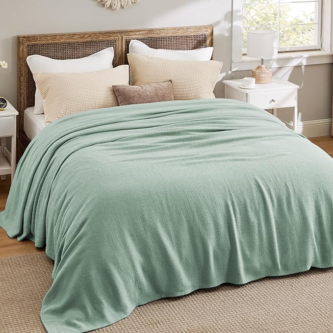 Bedsure 100% Cotton Blanket King Size for Bed - Breathable and Lightweight, Soft Cozy Textured Herringbone Woven Blanket for Summer Spring, Sage Green, 108x90 inches