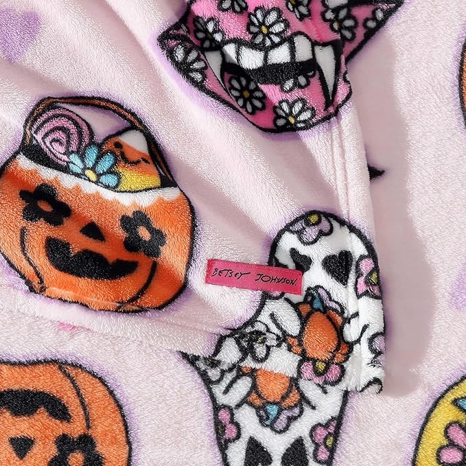 Betsey Johnson - Throw, Ultra-Soft Plush Blanket, Ideal for Couch, Bed, or Lounges (Retro Halloween Pink, 50" x 70")