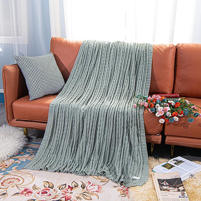 NTBAY 100% Pure Cotton Oversize (60x80) Cable Knit Throw Blanket, Super Soft Warm Knitted Throw Blanket for Bed, Sofa, Chair, Couch - Extra Cozy, Machine Washable, Comfortable Home Decor, Light Grey