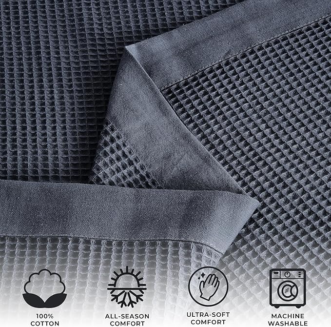 Great Bay Home 100% Cotton Blanket for Twin Size Bed | Lightweight and Breathable Waffle Weave Blankets for Summer & Spring | Versatile, Layering Navy Bed Blanket, Ocean Blue, 90x66 inches