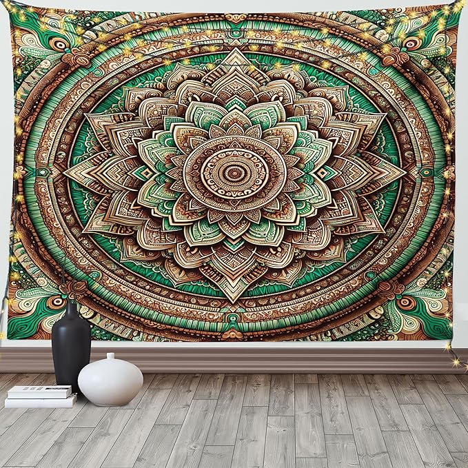 Ambesonne Green Tapestry, Psychedelic Style Symmetrical Ethnic Design Bicolor Folk Mandala Illustration, Wide Wall Hanging for Bedroom Living Room Dorm, 80" X 60", Chestnut Brown
