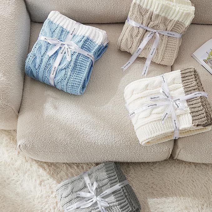 Bedsure Cable Knit Twin Blanket for Couch Bed - Chenille Chunky Knit Twin Blanket for Winter and All Seasons, Soft Cozy and Warm, Grey, 60x80 Inches