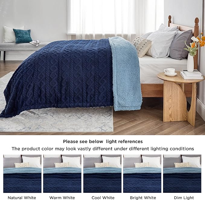 Bedsure Sherpa Fleece Blanket Twin Size for Bed - Fuzzy Soft Cozy Cable Throw for Couch, Thick Warm Blankets for Winter, Navy, 60x80 Inches
