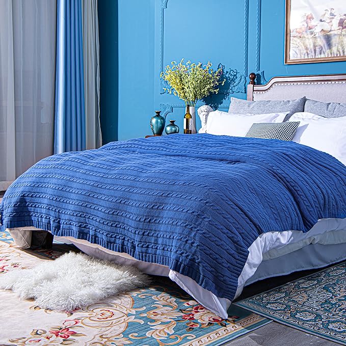 NTBAY 100% Pure Cotton Oversize (60x80) Cable Knit Throw Blanket, Super Soft Warm Knitted Throw Blanket for Bed, Sofa, Chair, Couch - Extra Cozy, Machine Washable, Comfortable Home Decor, Cobalt Blue