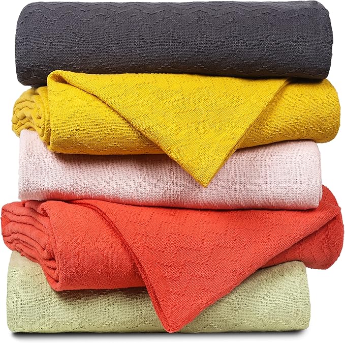 BELIZZI Home 100% Cotton Bed Blanket, Breathable Thermal Blanket Full - Queen Size, Soft Chevron Thermal Blanket 90"x90", Cotton Bed Blanket, Perfect for Layering Any Bed for All Season, White