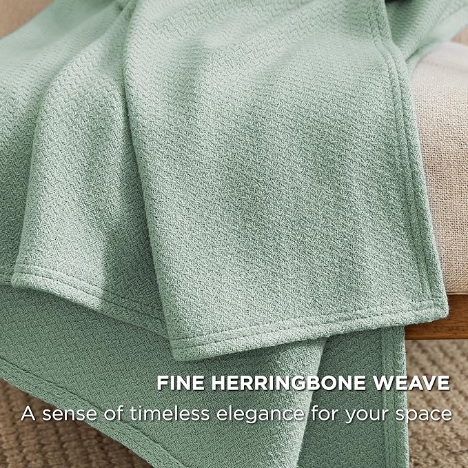 Bedsure 100% Cotton Blanket Queen Size for Bed - Breathable and Lightweight, Soft Cozy Textured Herringbone Woven Blanket for Summer Spring, Sage Green, 90x90 inches