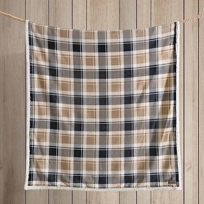 Eddie Bauer- Throw Blanket, Reversible Sherpa Fleece Bedding, Home Decor for All Seasons (Rugged Plaid Beige, Throw)