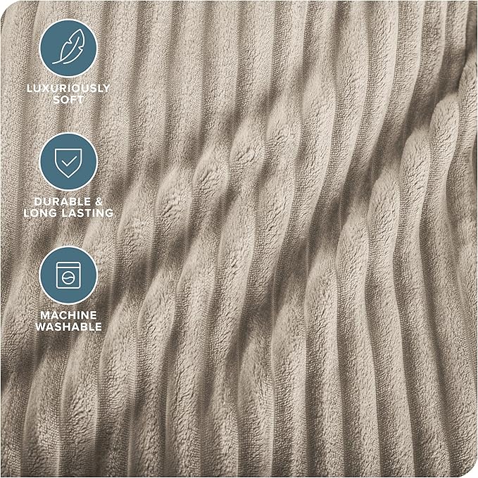 Bare Home Textured Fleece Microplush Blanket - Lightweight Throw for Bed, Sofa, Couch, Camping, and Travel - Ultra Soft Warm Blanket (Throw, Ribbed Oyster)
