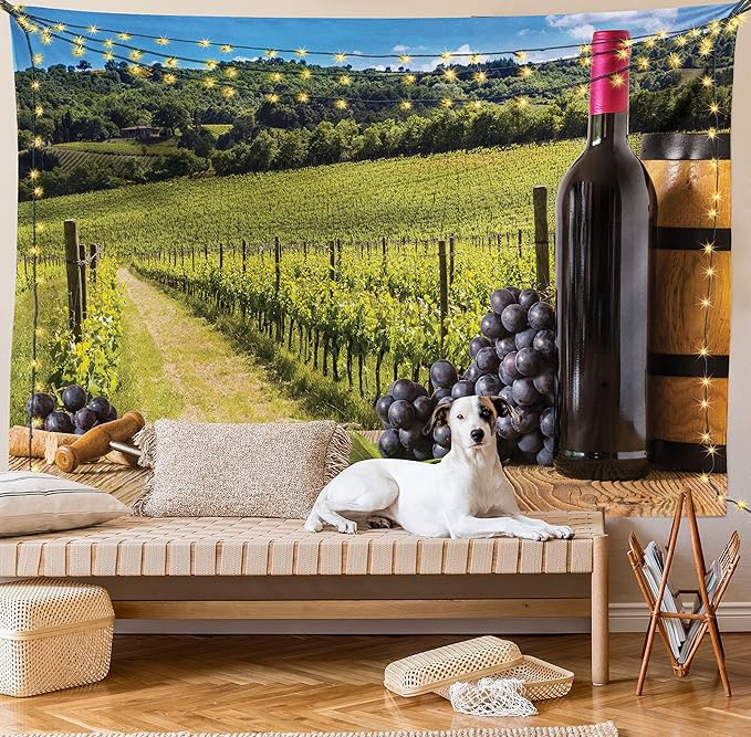 Ambesonne Winery Tapestry Twin Size, Red Wine Bottles with Grapes on Timber Board Tuscany Italian Terrace Scenery, Wall Hanging Bedspread Bed Cover Wall Decor, 68" X 88", Green Blue Brown