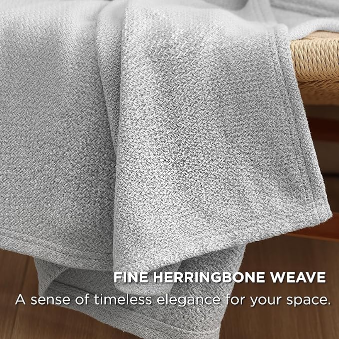 Bedsure 100% Cotton Large Blanket Oversized King for Bed 120x94 inches - Breathable Soft Cozy Herringbone Woven Blanket for Summer Spring, Couch Cover, Grey