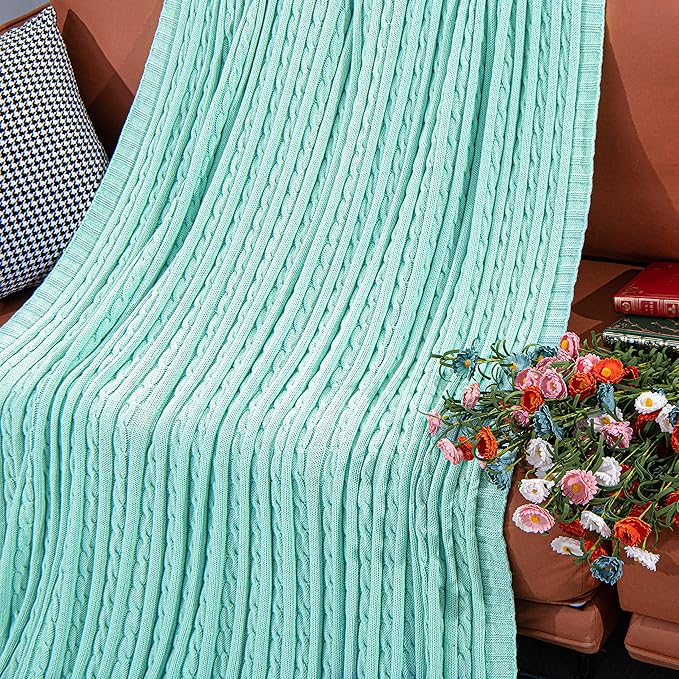 NTBAY 100% Pure Cotton Oversize (60x80) Cable Knit Throw Blanket, Super Soft Warm Knitted Throw Blanket for Bed, Sofa, Chair, Couch - Extra Cozy, Machine Washable, Comfortable Home Decor, Mint