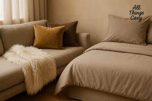 Affordable luxury home fabrics with faux fur throw on beige sofa and brushed microfiber bedding - All Things Cozy