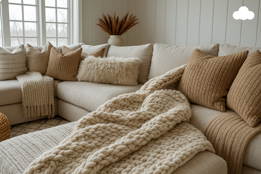 Neutral living room with chunky knit throw blanket styled on a beige sofa with textured pillows — All Things Cozy blanket styling inspiration.