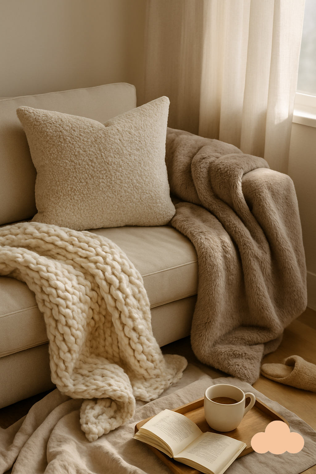 A cozy reading nook styled with layered textures including a chunky knit throw, plush blanket, and bouclé pillow, bathed in natural light — perfectly capturing the soft, calming essence of All Things Cozy.